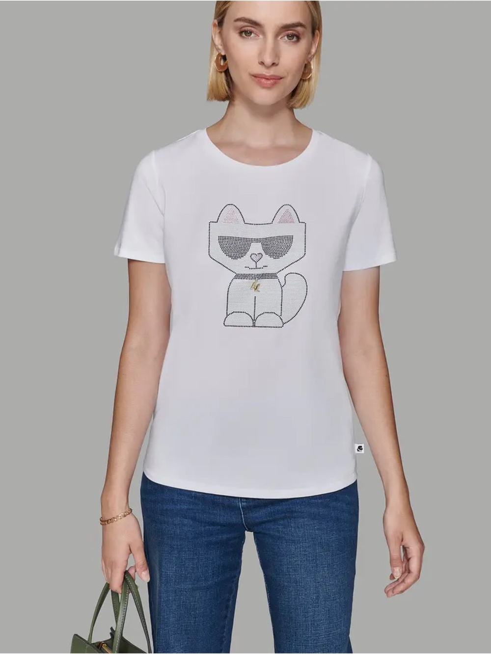Karl Lagerfeld White Cat Graphic Tee with Rhinestone Sunglasses